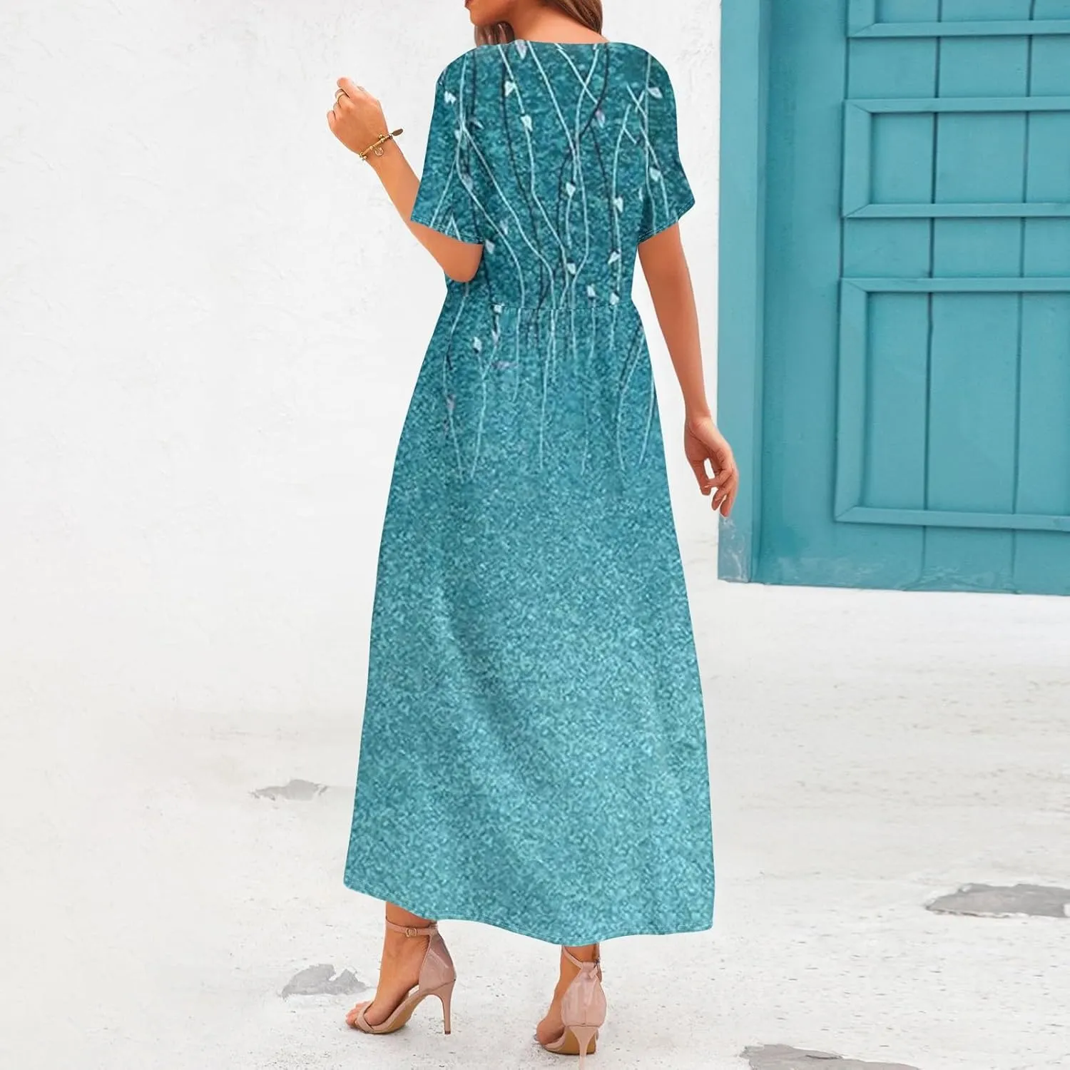 Long Floral Dresses for Women Short Sleeve Summer Casual Crewneck T Shirt Dress A Line Flowy Elegant Pocket Sundress