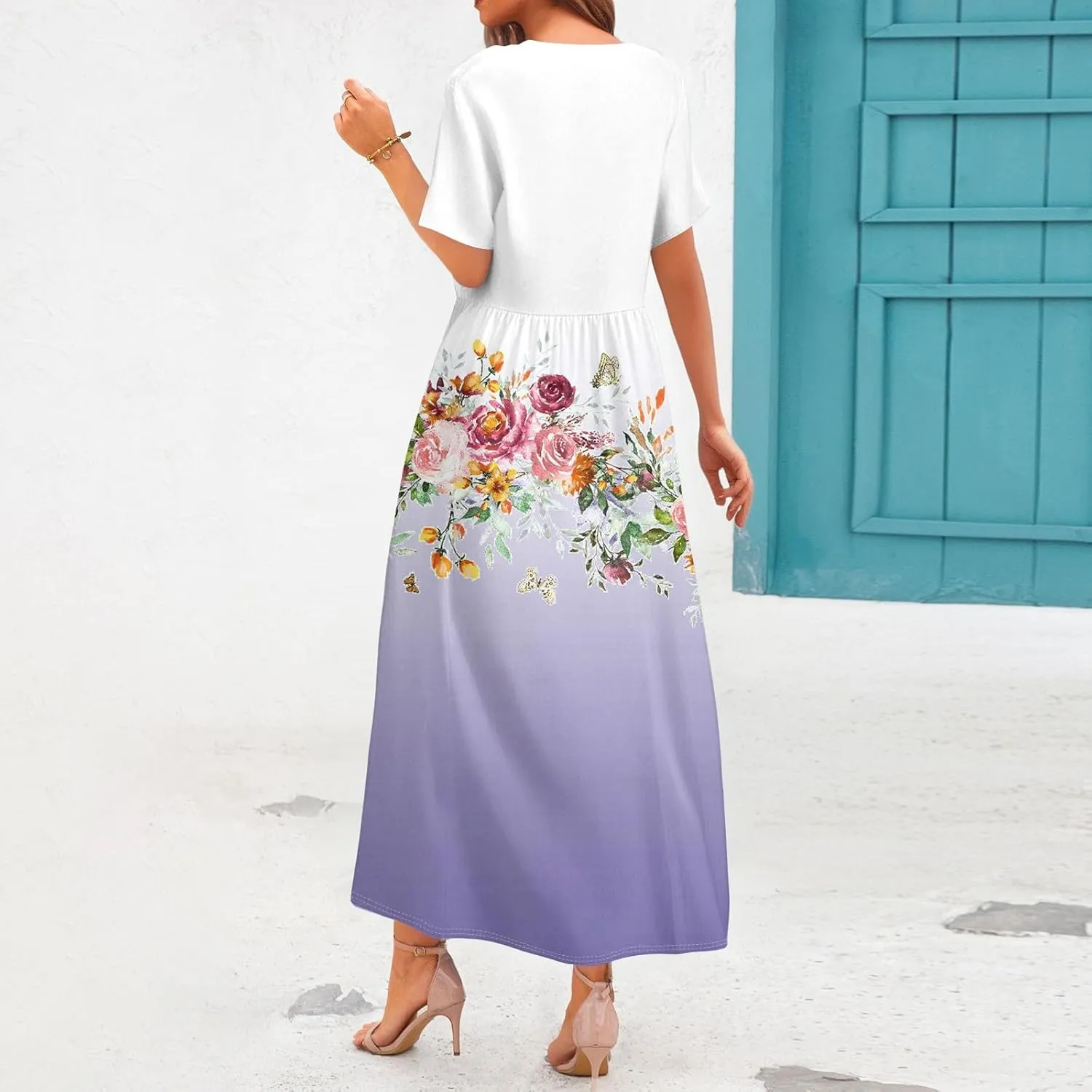 Long Floral Dresses for Women Short Sleeve Summer Casual Crewneck T Shirt Dress A Line Flowy Elegant Pocket Sundress