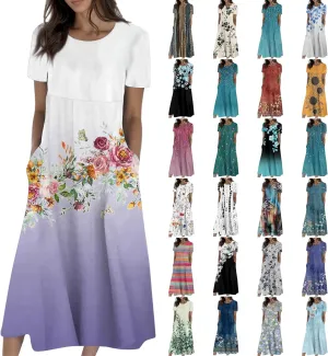 Long Floral Dresses for Women Short Sleeve Summer Casual Crewneck T Shirt Dress A Line Flowy Elegant Pocket Sundress