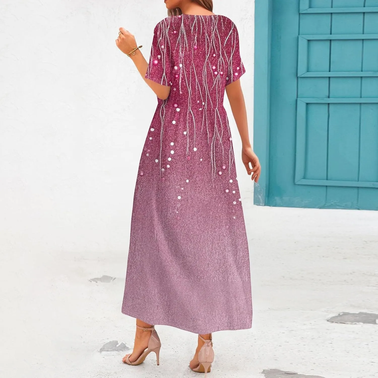 Long Floral Dresses for Women Short Sleeve Summer Casual Crewneck T Shirt Dress A Line Flowy Elegant Pocket Sundress