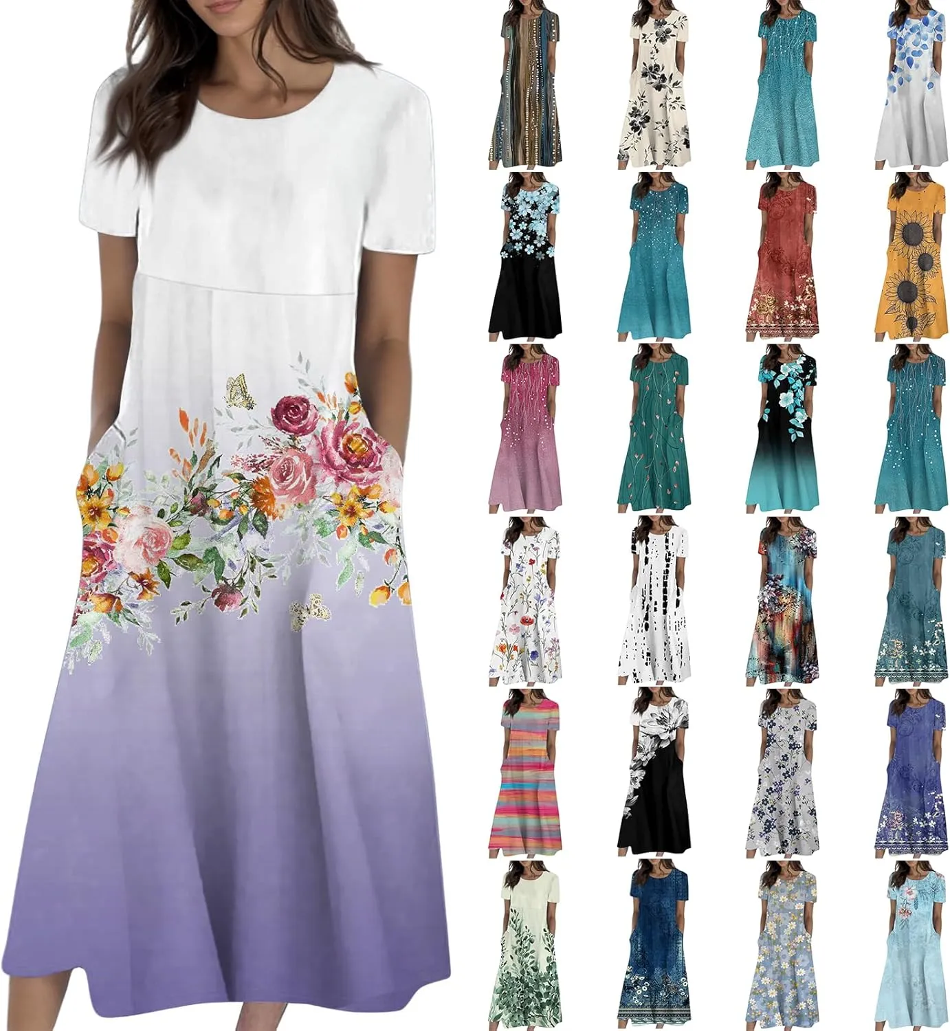 Long Floral Dresses for Women Short Sleeve Summer Casual Crewneck T Shirt Dress A Line Flowy Elegant Pocket Sundress