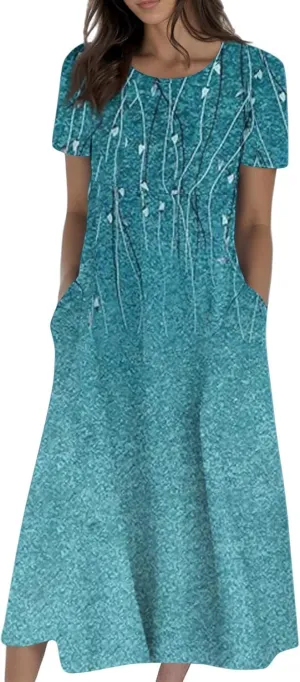 Long Floral Dresses for Women Short Sleeve Summer Casual Crewneck T Shirt Dress A Line Flowy Elegant Pocket Sundress