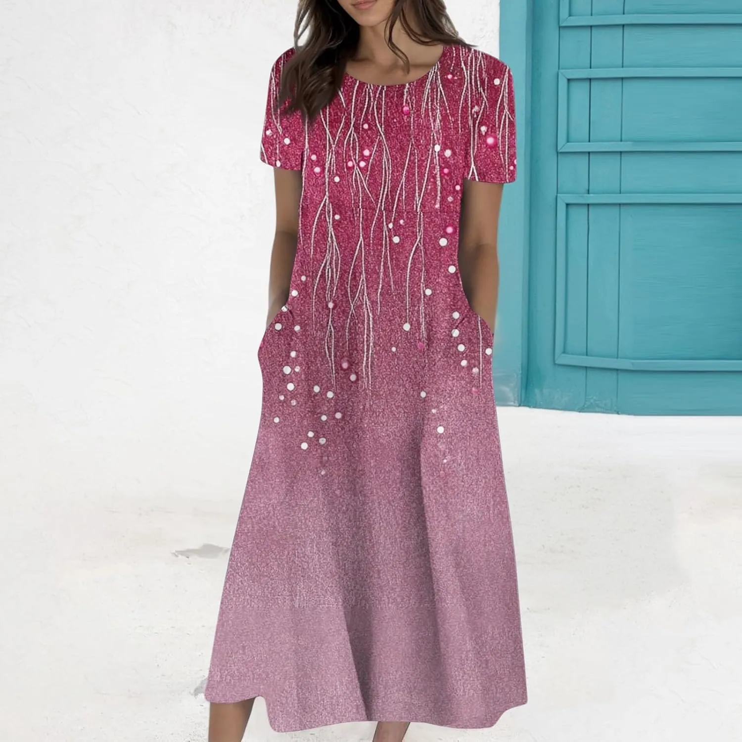 Long Floral Dresses for Women Short Sleeve Summer Casual Crewneck T Shirt Dress A Line Flowy Elegant Pocket Sundress