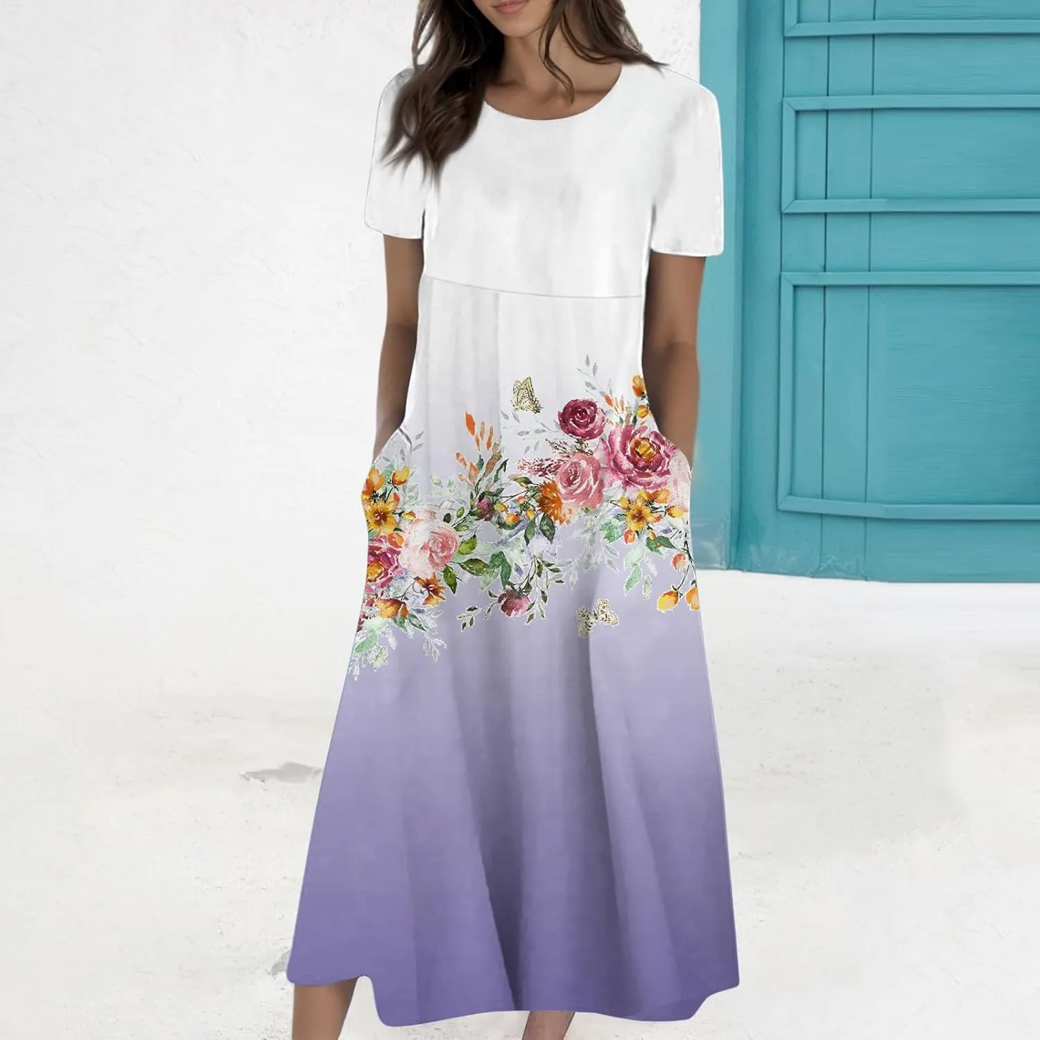 Long Floral Dresses for Women Short Sleeve Summer Casual Crewneck T Shirt Dress A Line Flowy Elegant Pocket Sundress
