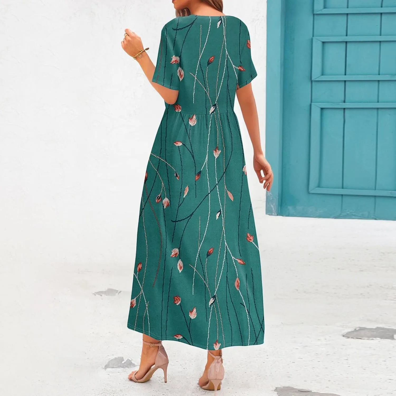 Long Floral Dresses for Women Short Sleeve Summer Casual Crewneck T Shirt Dress A Line Flowy Elegant Pocket Sundress