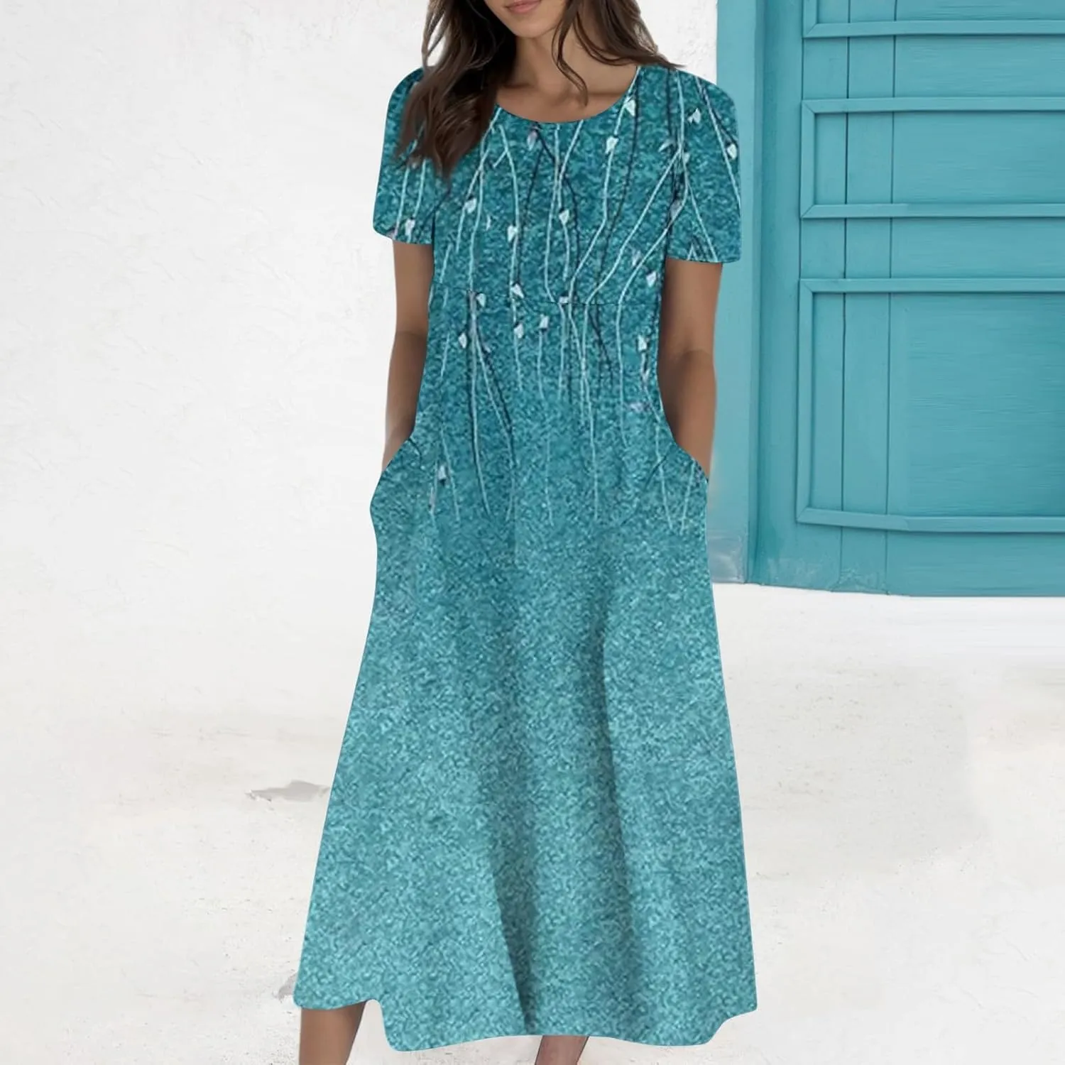 Long Floral Dresses for Women Short Sleeve Summer Casual Crewneck T Shirt Dress A Line Flowy Elegant Pocket Sundress
