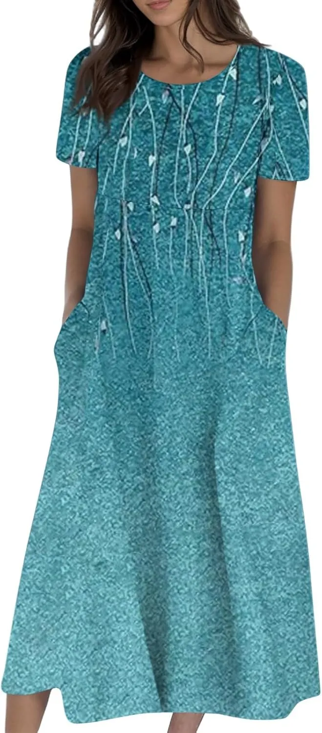 Long Floral Dresses for Women Short Sleeve Summer Casual Crewneck T Shirt Dress A Line Flowy Elegant Pocket Sundress