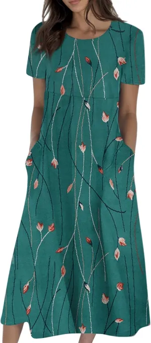 Long Floral Dresses for Women Short Sleeve Summer Casual Crewneck T Shirt Dress A Line Flowy Elegant Pocket Sundress