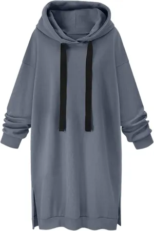 Long Hoodies for Women Oversize Longline Pullover Sweatshirt Split Hem Drawstring Hoodie Dress with Kangaroo Pocket