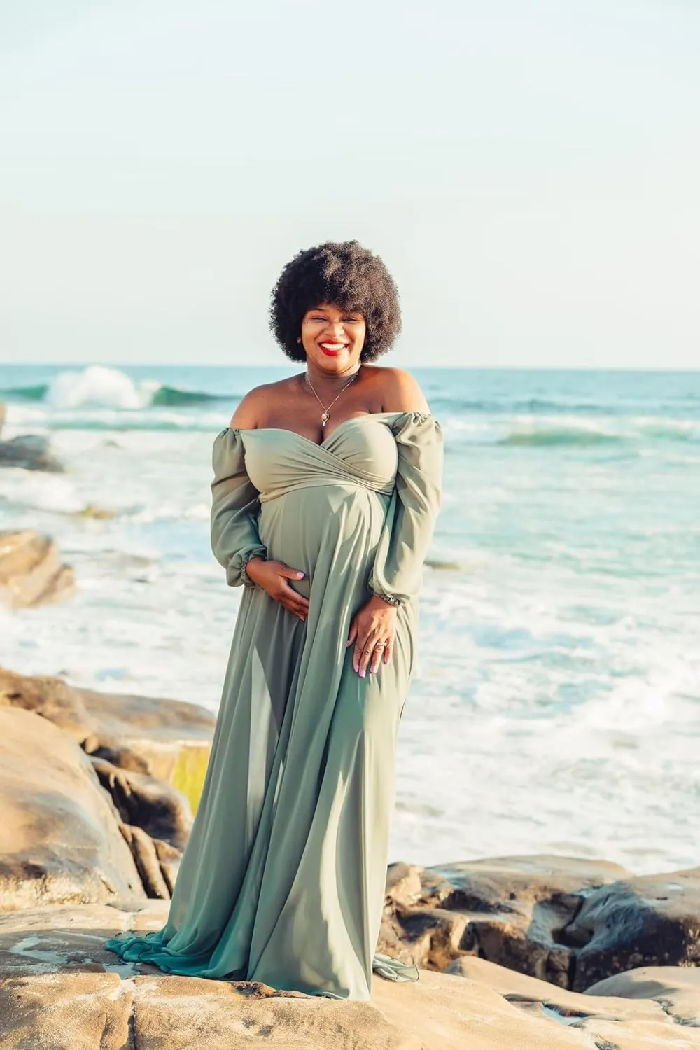 Long Sleeve Maternity Dress for Baby Shower Chiffon Maxi Flowy Elegant Pregnancy Photoshoot Dresses
