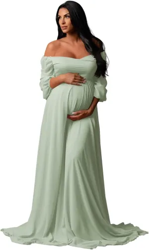 Long Sleeve Maternity Dress for Baby Shower Chiffon Maxi Flowy Elegant Pregnancy Photoshoot Dresses