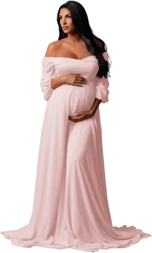 Long Sleeve Maternity Dress for Baby Shower Chiffon Maxi Flowy Elegant Pregnancy Photoshoot Dresses