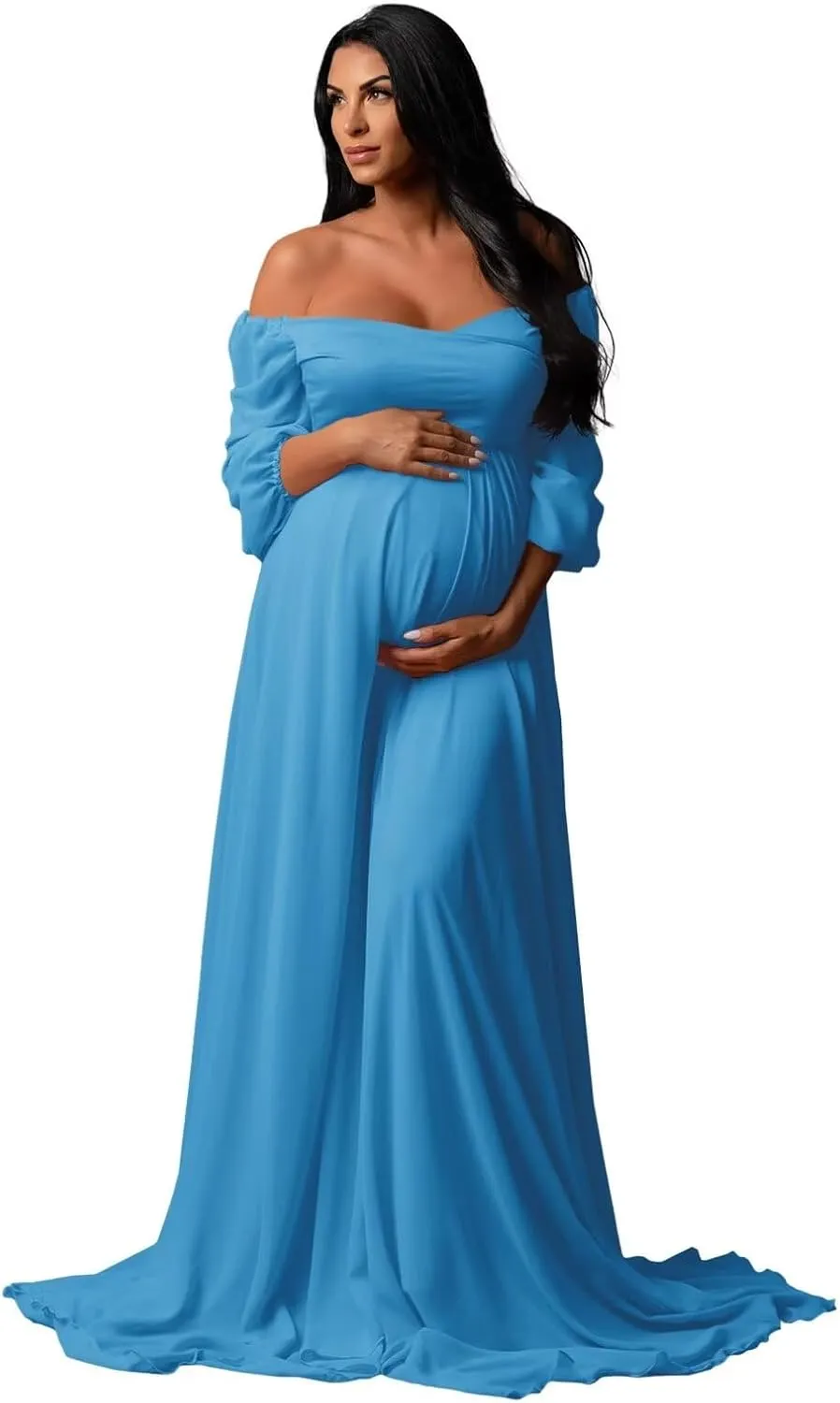 Long Sleeve Maternity Dress for Baby Shower Chiffon Maxi Flowy Elegant Pregnancy Photoshoot Dresses