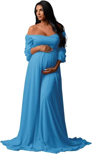 Long Sleeve Maternity Dress for Baby Shower Chiffon Maxi Flowy Elegant Pregnancy Photoshoot Dresses