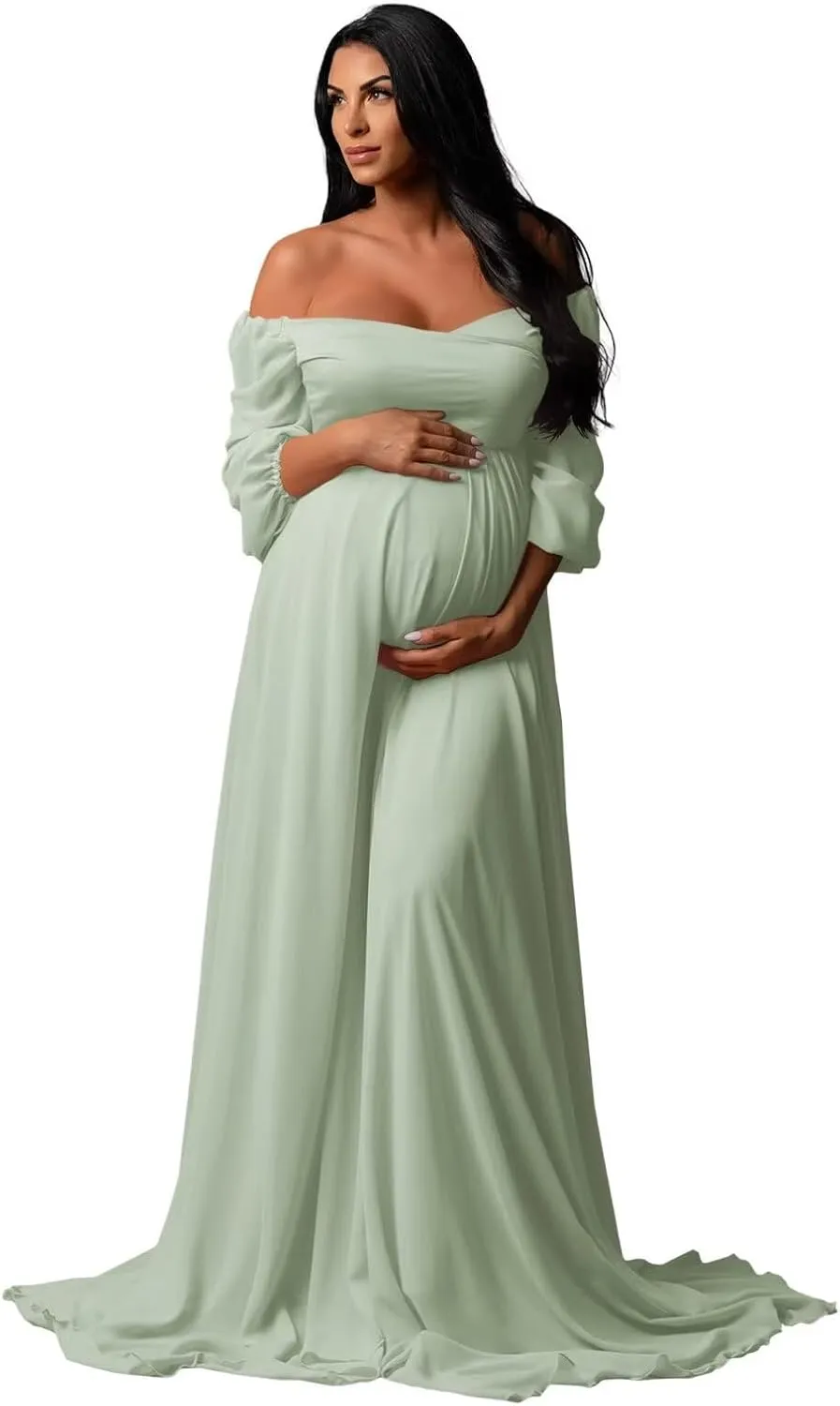 Long Sleeve Maternity Dress for Baby Shower Chiffon Maxi Flowy Elegant Pregnancy Photoshoot Dresses