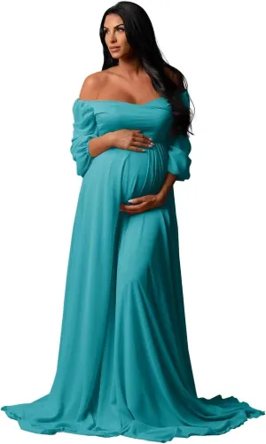 Long Sleeve Maternity Dress for Baby Shower Chiffon Maxi Flowy Elegant Pregnancy Photoshoot Dresses