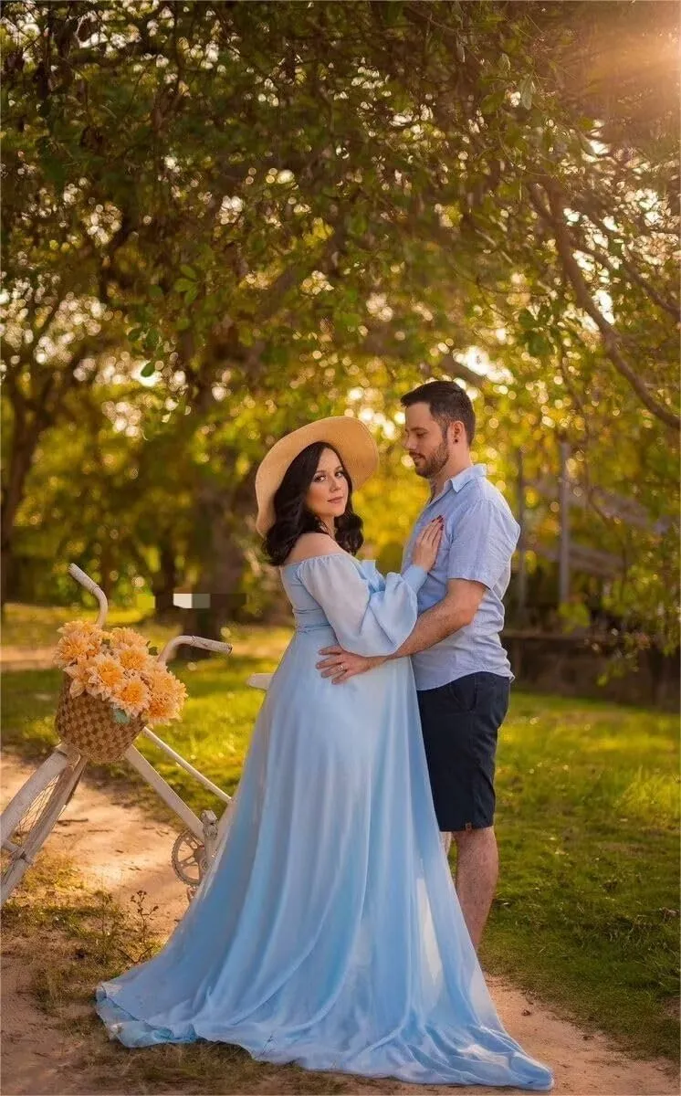 Long Sleeve Maternity Dress for Baby Shower Chiffon Maxi Flowy Elegant Pregnancy Photoshoot Dresses