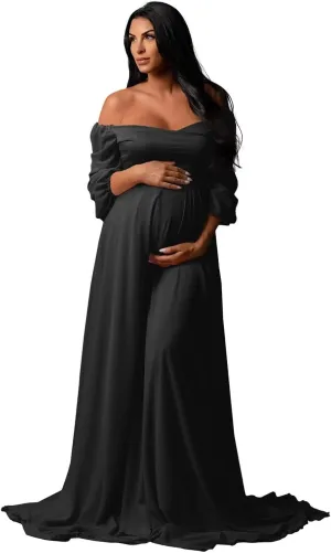 Long Sleeve Maternity Dress for Baby Shower Chiffon Maxi Flowy Elegant Pregnancy Photoshoot Dresses
