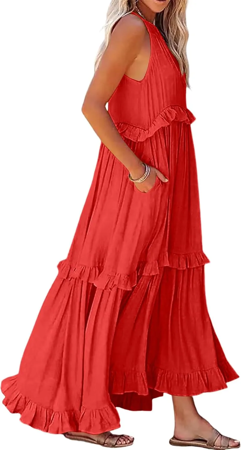 Long Summer Dresses for Women 2024 Sleeveless Halter Maxi Dress Casual Flowy Ruffle Sundress Elegant Beach Party Dress