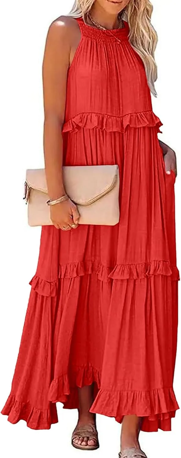 Long Summer Dresses for Women 2024 Sleeveless Halter Maxi Dress Casual Flowy Ruffle Sundress Elegant Beach Party Dress