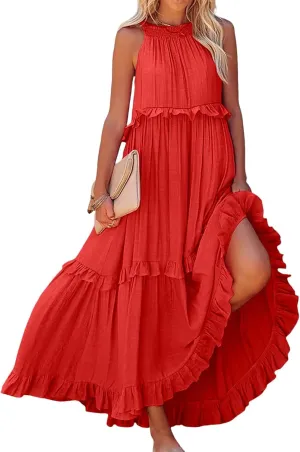Long Summer Dresses for Women 2024 Sleeveless Halter Maxi Dress Casual Flowy Ruffle Sundress Elegant Beach Party Dress