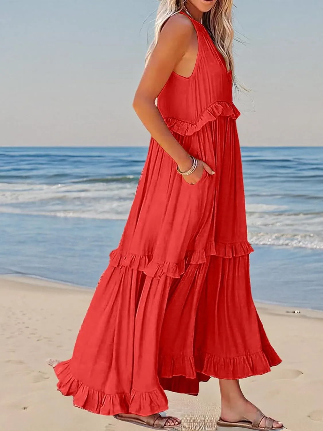 Long Summer Dresses for Women 2024 Sleeveless Halter Maxi Dress Casual Flowy Ruffle Sundress Elegant Beach Party Dress