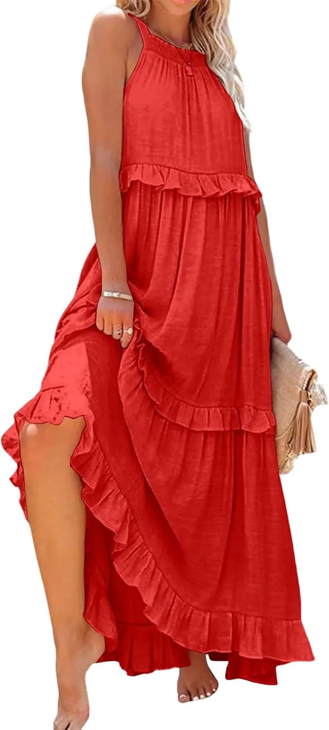 Long Summer Dresses for Women 2024 Sleeveless Halter Maxi Dress Casual Flowy Ruffle Sundress Elegant Beach Party Dress
