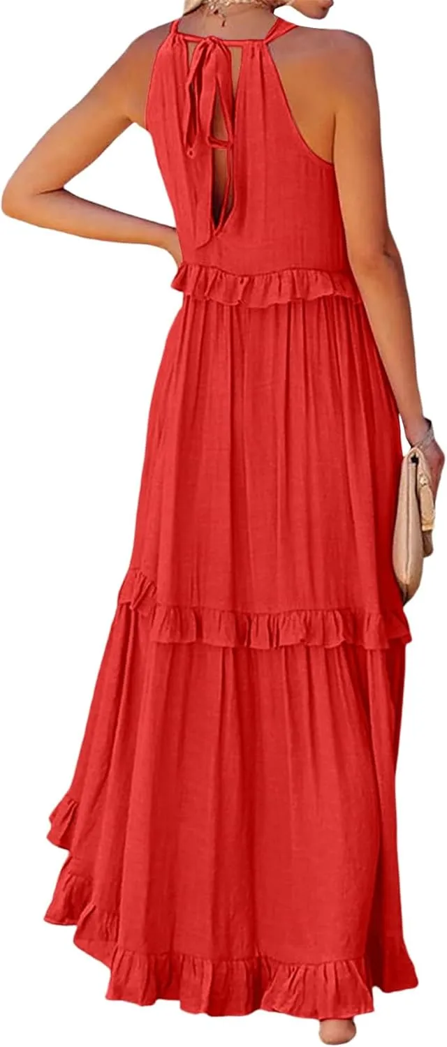 Long Summer Dresses for Women 2024 Sleeveless Halter Maxi Dress Casual Flowy Ruffle Sundress Elegant Beach Party Dress