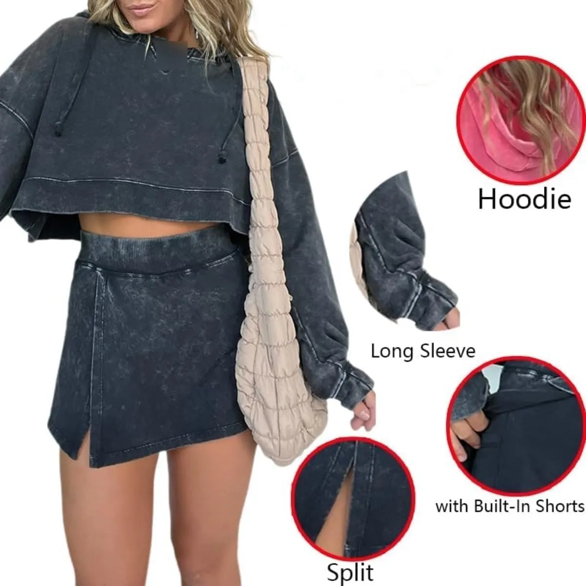 Lounge Washed Hoodie Skirt Set,Long Sleeve Mini Sweat Skort Set,Womens Lounge Sets 2 Piece Outfits Tracksuit Shorts