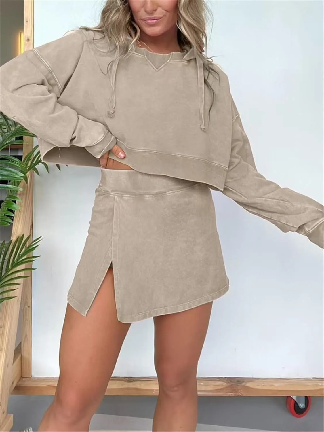 Lounge Washed Hoodie Skirt Set,Long Sleeve Mini Sweat Skort Set,Womens Lounge Sets 2 Piece Outfits Tracksuit Shorts