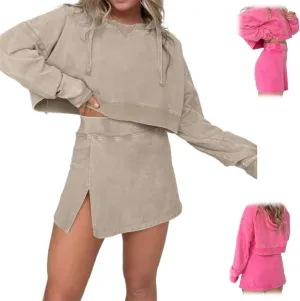Lounge Washed Hoodie Skirt Set,Long Sleeve Mini Sweat Skort Set,Womens Lounge Sets 2 Piece Outfits Tracksuit Shorts