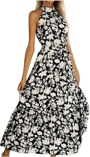 Lpmadey Women Summer Swing A Line Dresses Sleeveless Casual Floral Print Long Boho Flowy Sundress Beach Party Maxi Dress