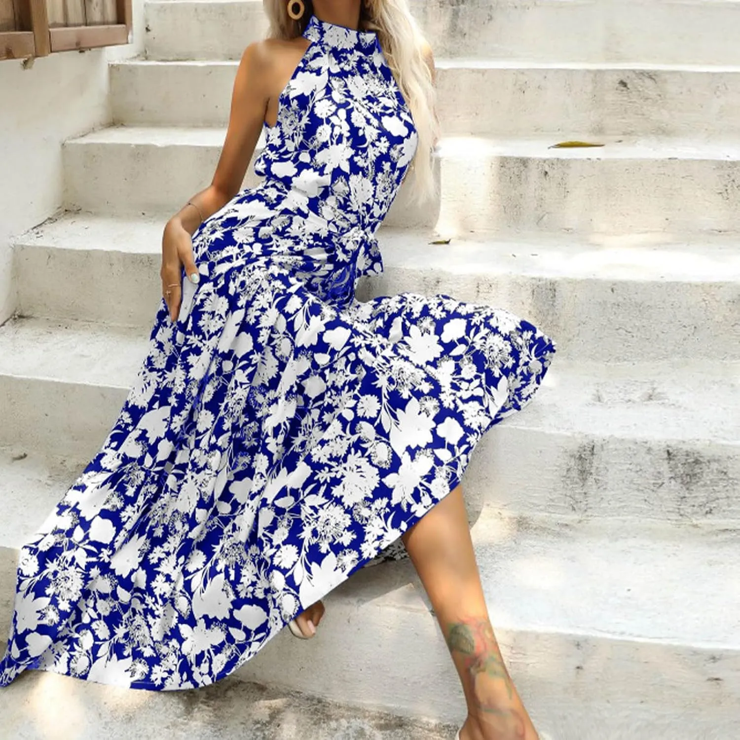 Lpmadey Women Summer Swing A Line Dresses Sleeveless Casual Floral Print Long Boho Flowy Sundress Beach Party Maxi Dress