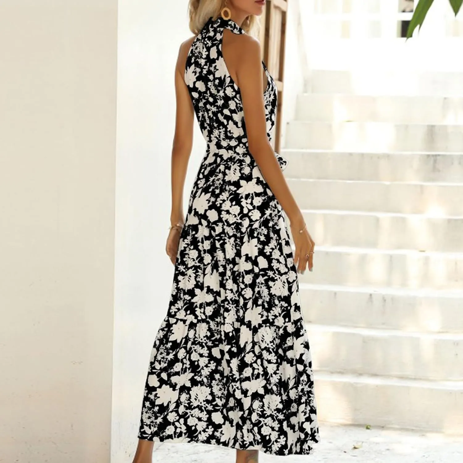 Lpmadey Women Summer Swing A Line Dresses Sleeveless Casual Floral Print Long Boho Flowy Sundress Beach Party Maxi Dress