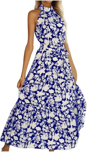 Lpmadey Women Summer Swing A Line Dresses Sleeveless Casual Floral Print Long Boho Flowy Sundress Beach Party Maxi Dress