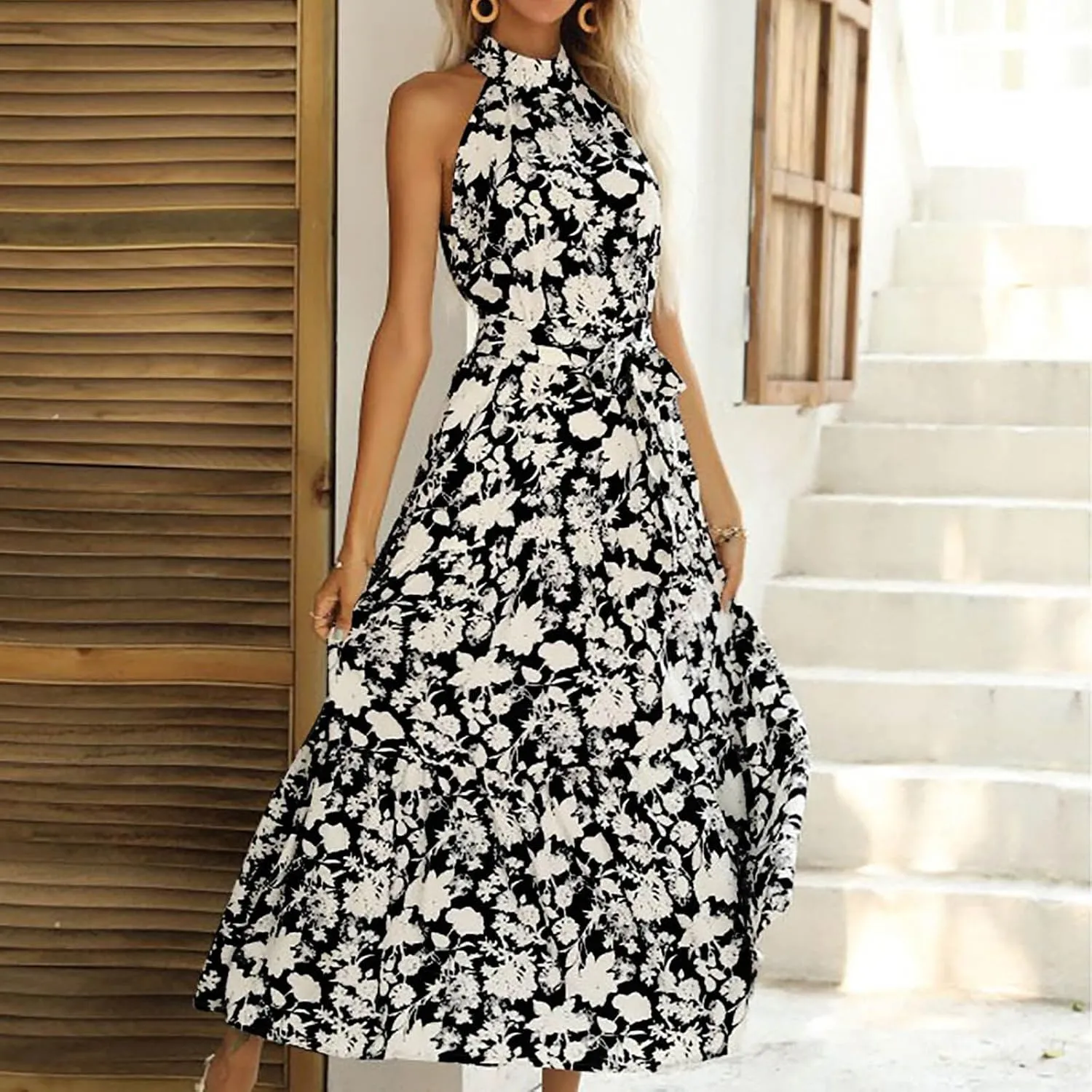 Lpmadey Women Summer Swing A Line Dresses Sleeveless Casual Floral Print Long Boho Flowy Sundress Beach Party Maxi Dress