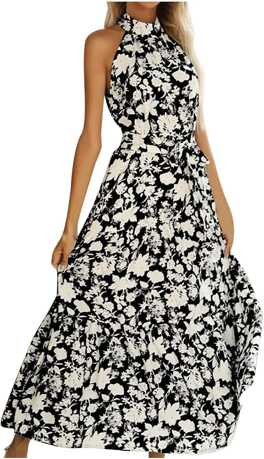 Lpmadey Women Summer Swing A Line Dresses Sleeveless Casual Floral Print Long Boho Flowy Sundress Beach Party Maxi Dress