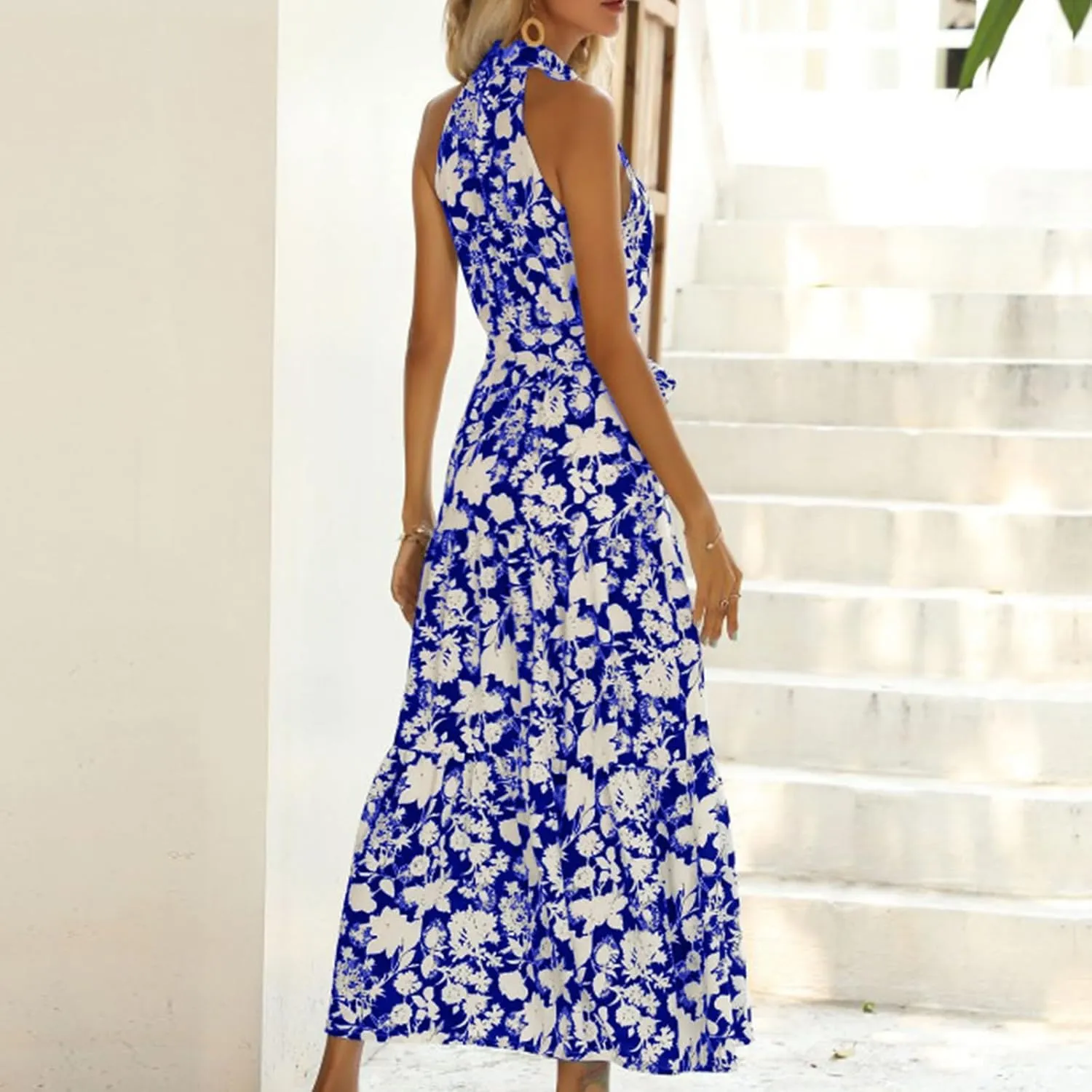 Lpmadey Women Summer Swing A Line Dresses Sleeveless Casual Floral Print Long Boho Flowy Sundress Beach Party Maxi Dress