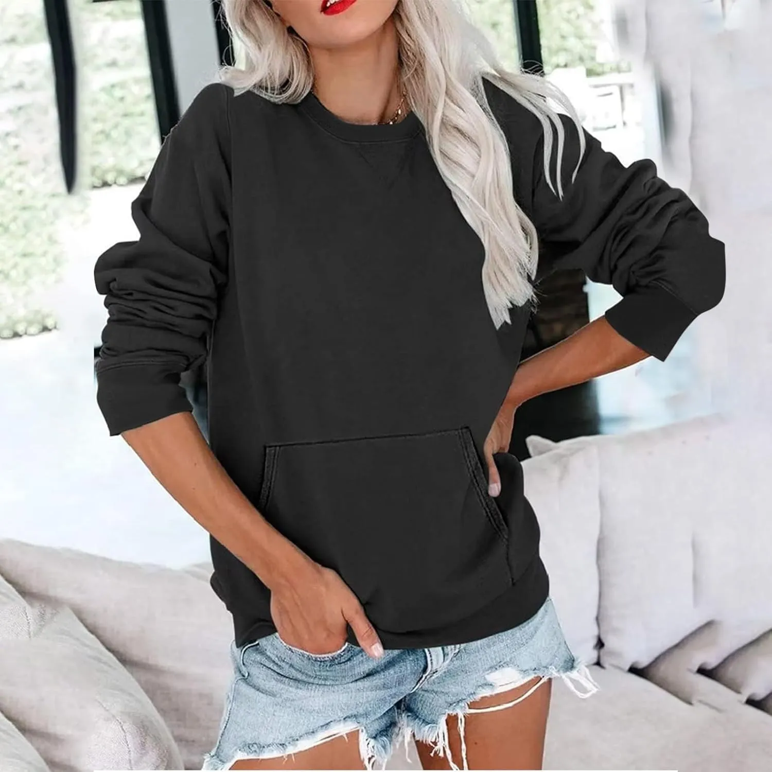 LRMQS Sweatshirt for Women Crewneck Trendy Long Sleeve Shirts with Pocket Fall Fashion 2024 Casual Cute Pullover Clothes