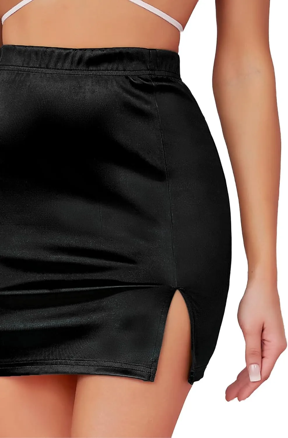 LYANER Women's Satin Silky Elastic Wasit Split Slit Hem Bodycon Short Skirt