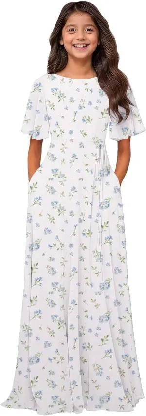 MAGGCIF Chiffon Junior Bridesmaid Dresses with Pockets A-Line Short Sleeve Flower Girl Dresses Party Pageant Gowns