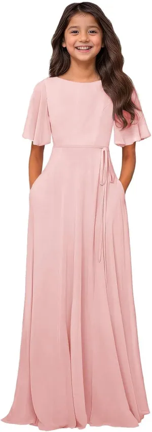 MAGGCIF Chiffon Junior Bridesmaid Dresses with Pockets A-Line Short Sleeve Flower Girl Dresses Party Pageant Gowns
