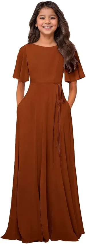 MAGGCIF Chiffon Junior Bridesmaid Dresses with Pockets A-Line Short Sleeve Flower Girl Dresses Party Pageant Gowns
