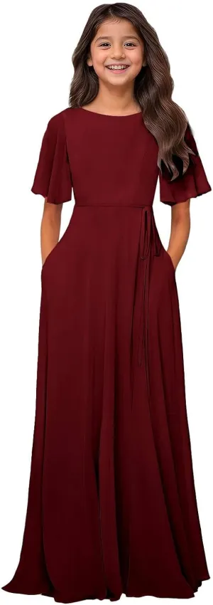 MAGGCIF Chiffon Junior Bridesmaid Dresses with Pockets A-Line Short Sleeve Flower Girl Dresses Party Pageant Gowns