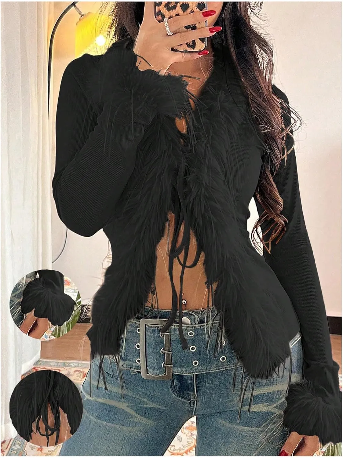 MakeMeChic Women's Faux Fur Top Mesh Lace Long Sleeve Y2K Fuzzy Trim Tee Shirts