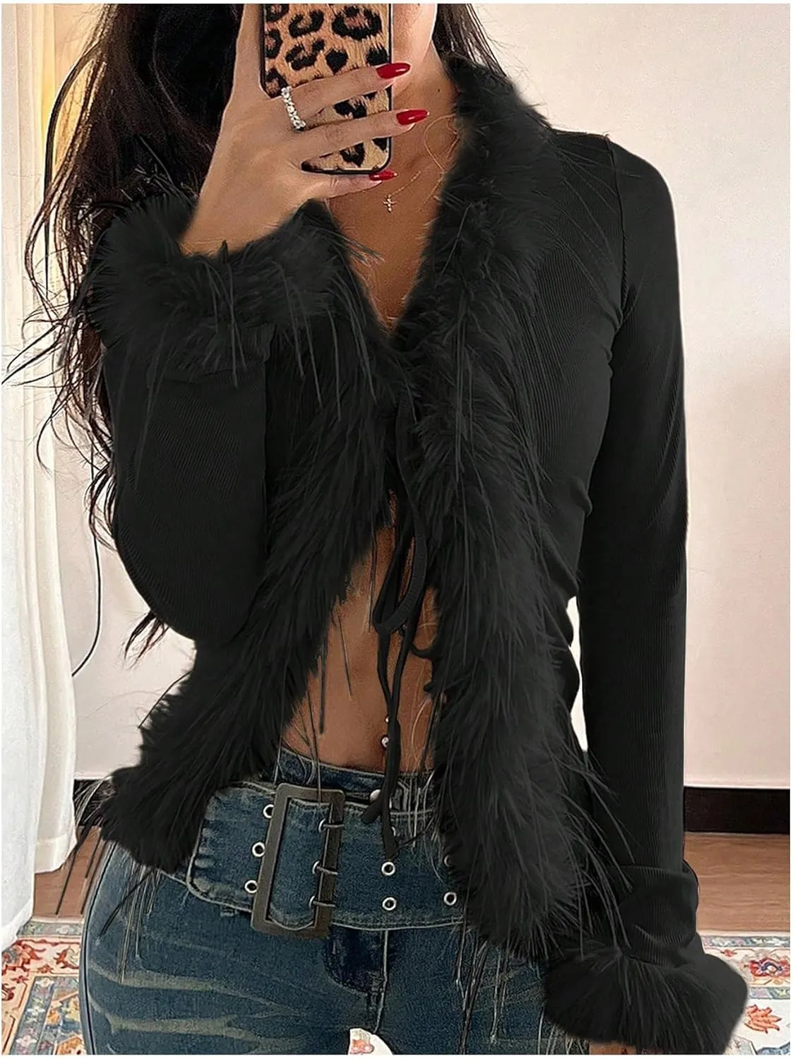 MakeMeChic Women's Faux Fur Top Mesh Lace Long Sleeve Y2K Fuzzy Trim Tee Shirts