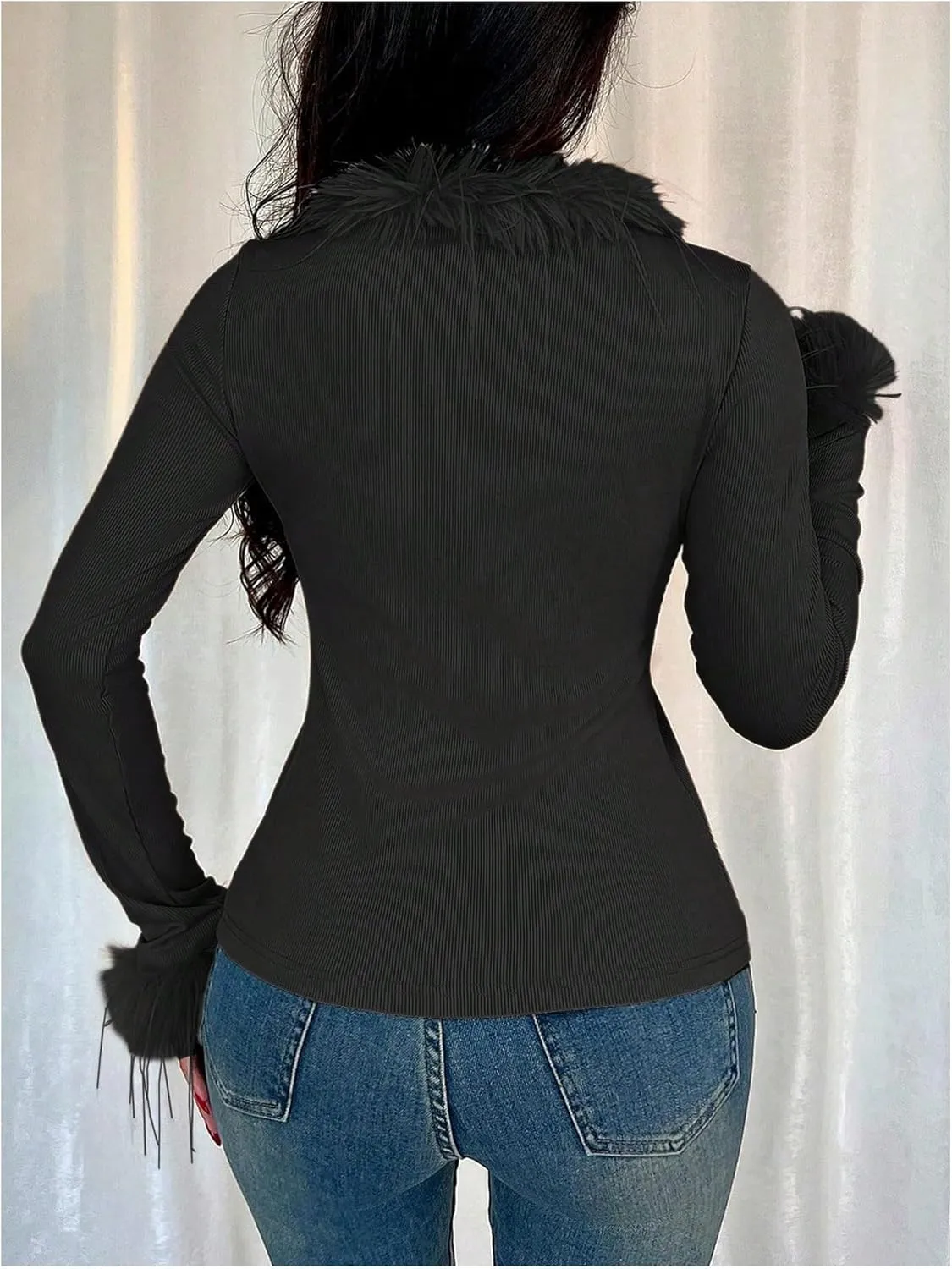 MakeMeChic Women's Faux Fur Top Mesh Lace Long Sleeve Y2K Fuzzy Trim Tee Shirts