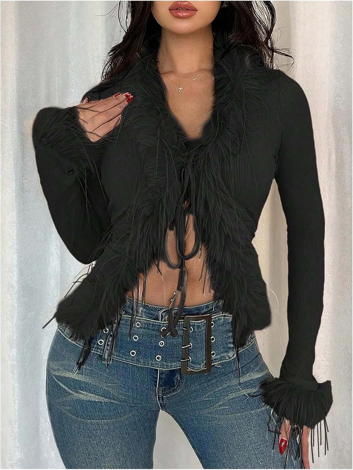 MakeMeChic Women's Faux Fur Top Mesh Lace Long Sleeve Y2K Fuzzy Trim Tee Shirts