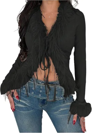 MakeMeChic Women's Faux Fur Top Mesh Lace Long Sleeve Y2K Fuzzy Trim Tee Shirts