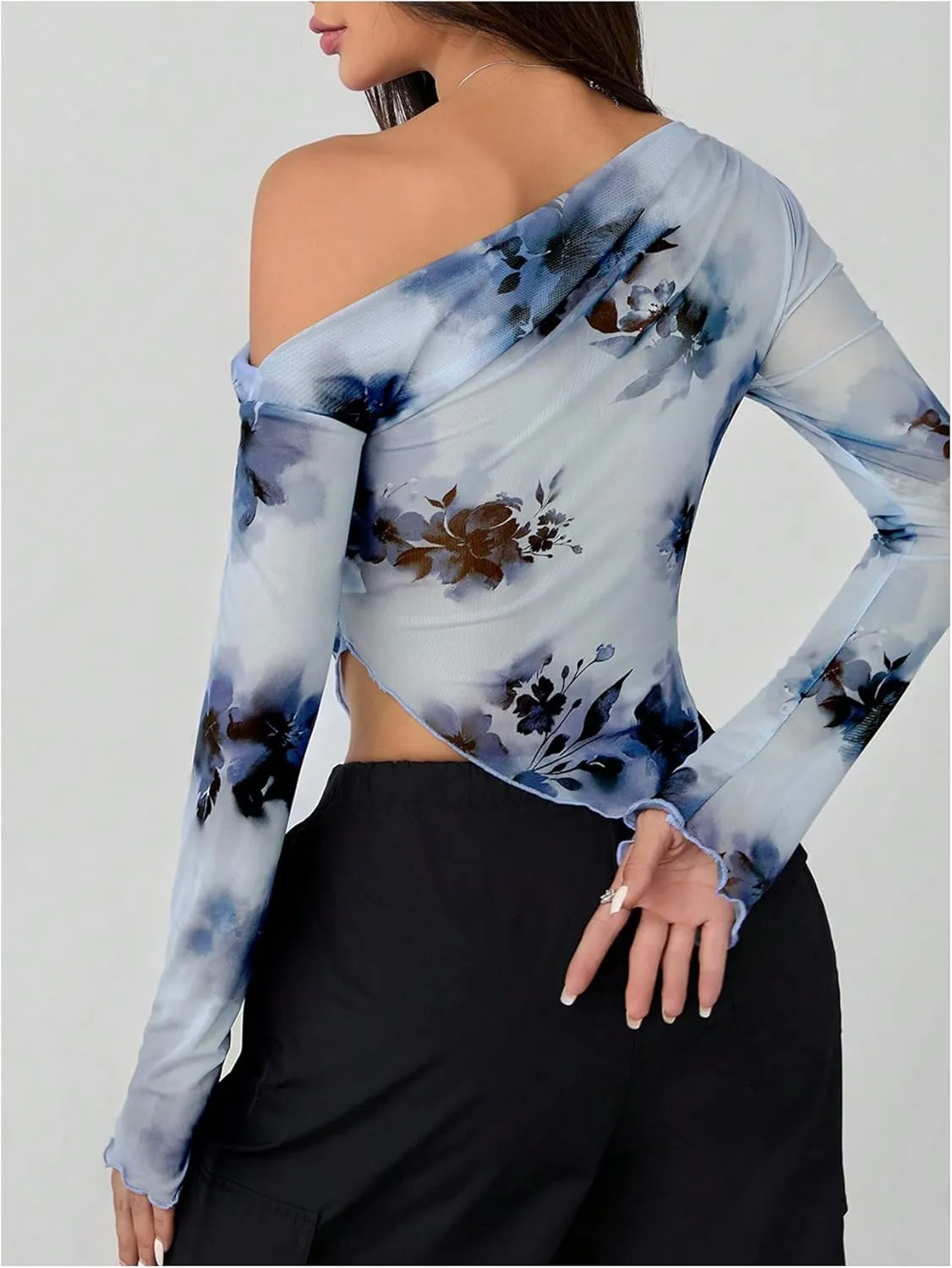 MakeMeChic Women's Floral Tie Dye Tops One Shoulder Ruched Asymmetrical Lettuce Trim Skinny Tee Shirt
